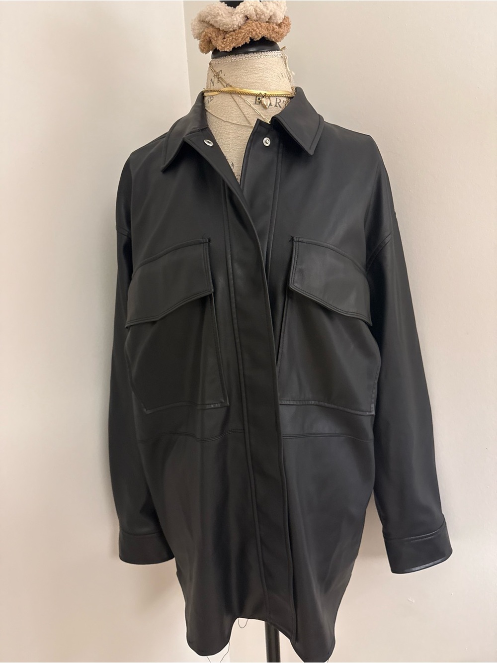 Zara Black Faux Leather Overshirt with Flap Pockets
